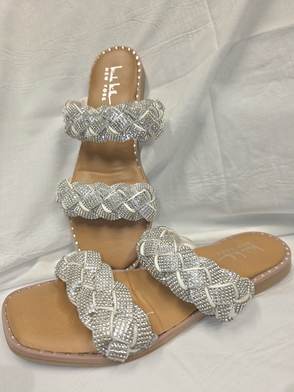 Silver Braided Slide Sandals, Silver/White muted sparkle to beads. So feminine.